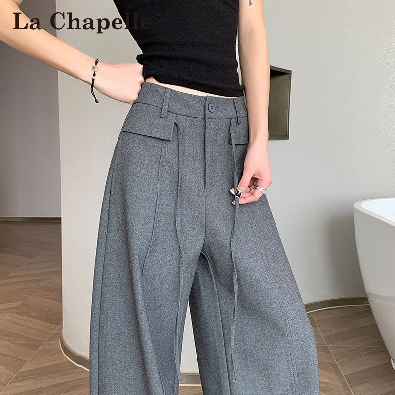 La Chapelle High-End Gray Suit Wide-Leg Pants for Women, Summer High-Waisted Slim-Fit Narrow Straight-Leg Casual Pants