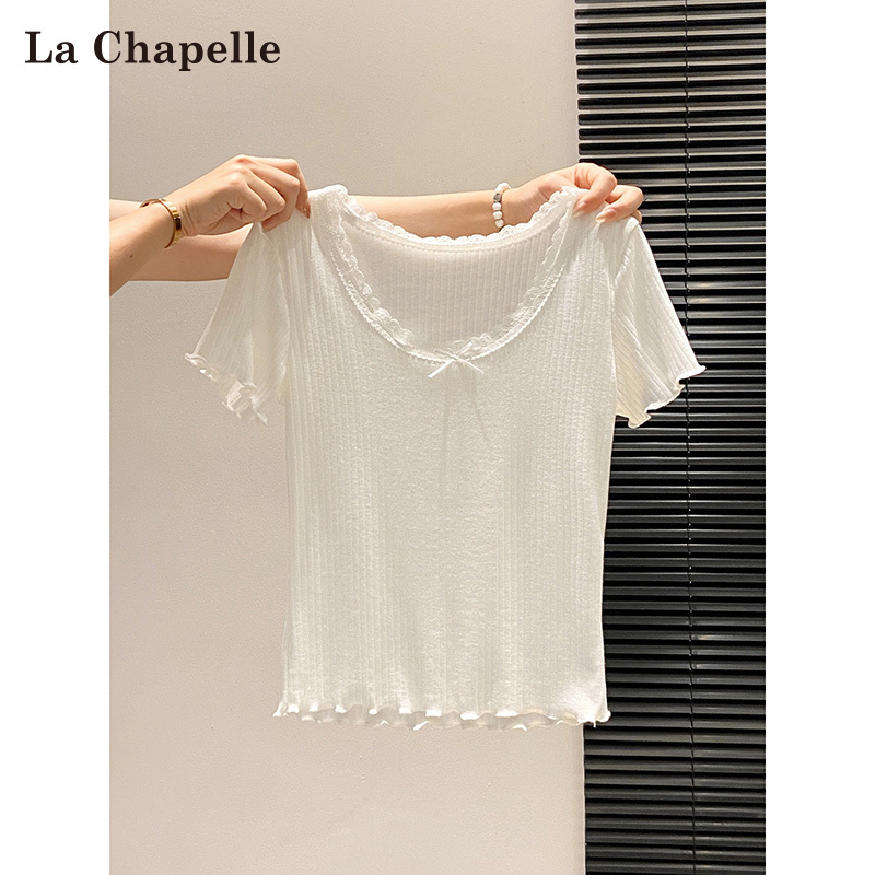 La Chapelle White Pure Desire U-Neck Short-Sleeve T-Shirt for Women, Summer Ballet Style Lace Trim, Age-Reducing, Regular Shoulder, Slim-Fit Top La Chapelle White Pure Desire U-Neck Short-Sleeve T-Shirt for Women, Summer Ballet Style Lace Trim, Age-Reducing, Regular Shoulder, Slim-Fit Top