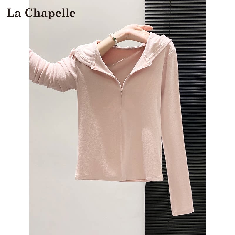 La Chapelle Hooded Half-Zip V-Neck Long-Sleeve T-Shirt Top for Women, Spring and Autumn Slim Fit, Flattering, Regular Shoulder, Versatile Sweatshirt