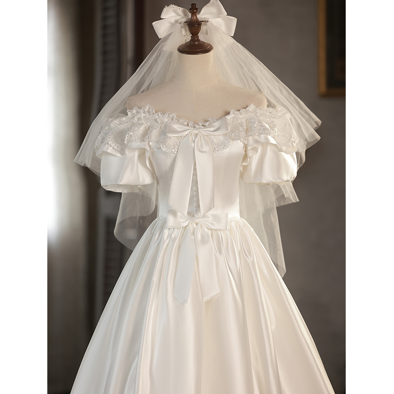 Retro wedding dress for princess, french style, open shoulders, suitable for teen, white clothing Retro wedding dress for princess, french style, open shoulders, suitable for teen, white clothing