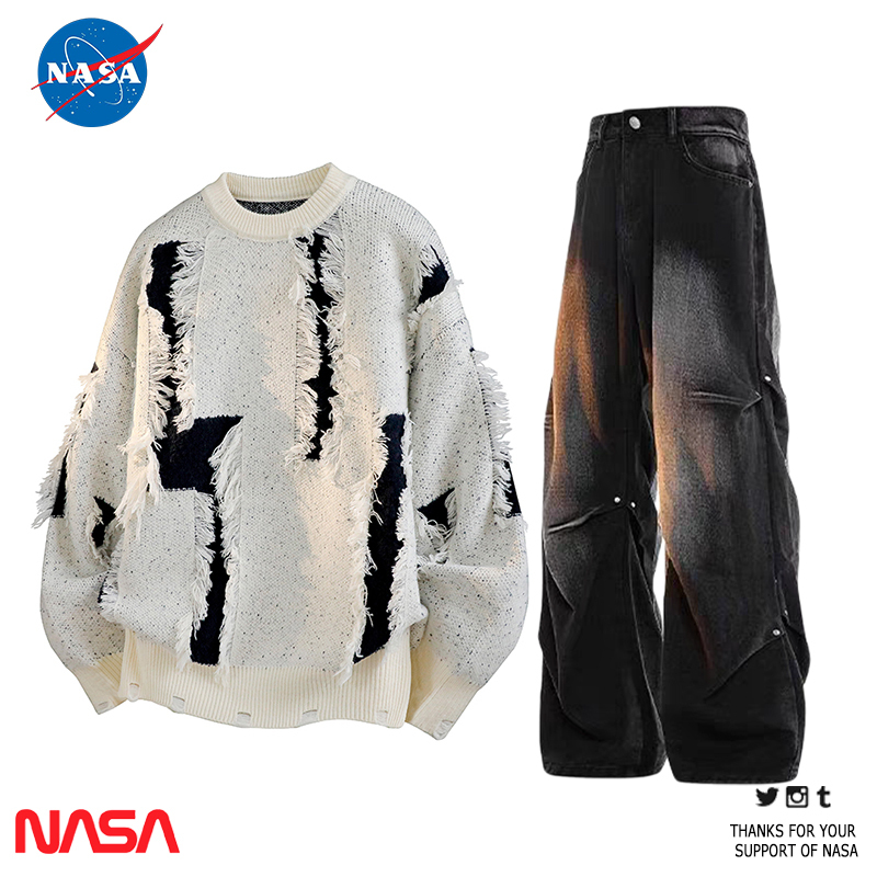 Nasa Co-Branded American-Style Ripped Fringe Sweater Set for Men, Autumn and Winter, Loose Trendy Cool Wrinkled Jeans Two-Piece Set