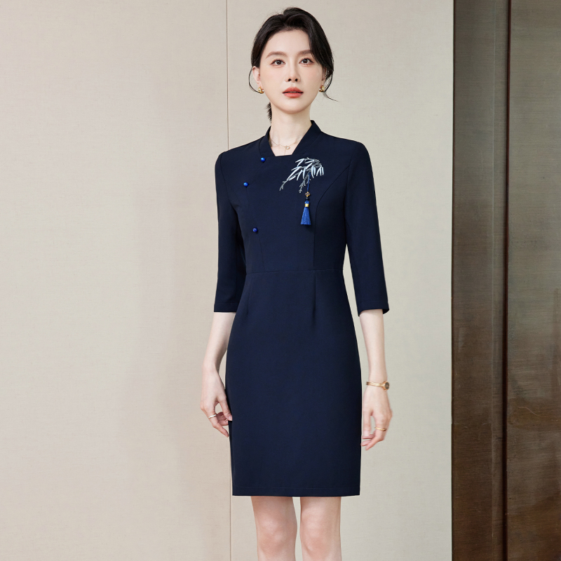 Professional Dress, New Chinese Style, Chinese Style Embroidery, Hotel Tea Ceremony, Etiquette, Teahouse Beautician Work Uniform Professional Dress, New Chinese Style, Chinese Style Embroidery, Hotel Tea Ceremony, Etiquette, Teahouse Beautician Work Uniform