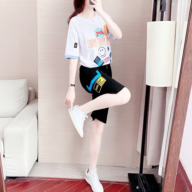 Hong Kong workwear shorts sports suit female summer new fashion loose western style hip-hop five-point pants two-piece set