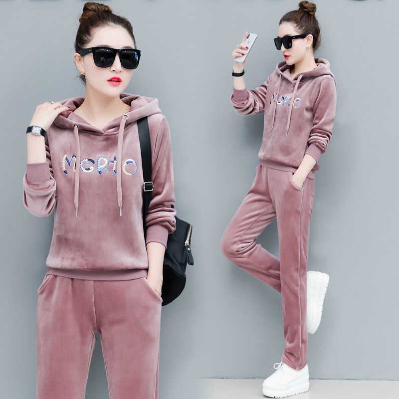 Hong Kong 2019 new gold velvet sports leisure thick cotton T suit women's autumn and winter thickened double-sided velvet two-piece set