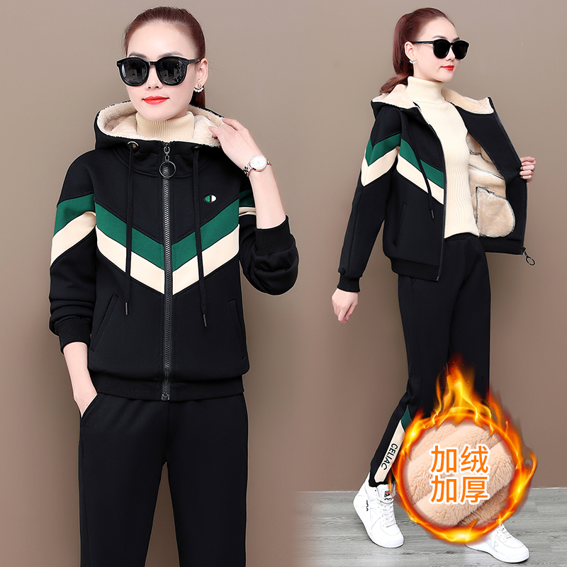 Hong Kong autumn/winter plus velvet sweater female 2021 New Korean fashion loose hooded coat two-piece set