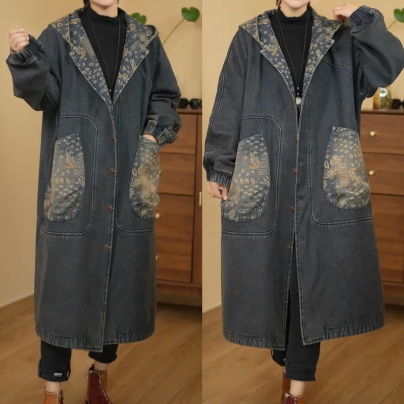 Autumn and Winter Large Pocket Patchwork [Fleece-Lined Trench Coat] Denim Hooded Mid-Length Trench Coat Casual Fleece-Lined Thickened Jacket
