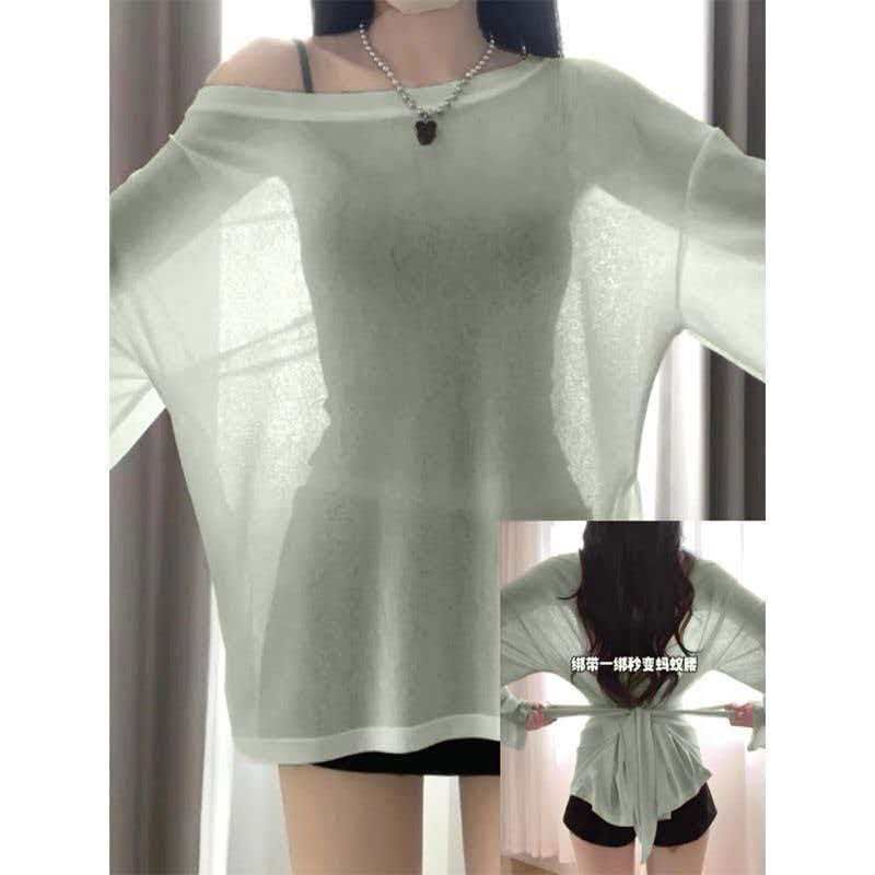 Tie-Waist Sun Protection Cover-Up for Women, Long-Sleeved, Loose-Fitting, Versatile, Thin, Breathable, Stylish, Slightly Sheer Outerwear Tie-Waist Sun Protection Cover-Up for Women, Long-Sleeved, Loose-Fitting, Versatile, Thin, Breathable, Stylish, Slightly Sheer Outerwear