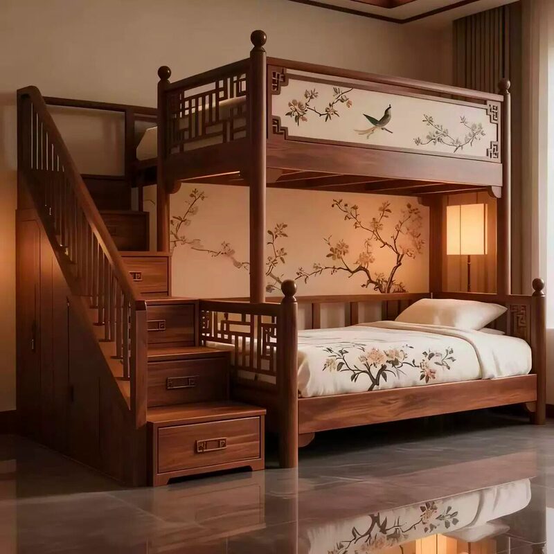 Song-Style Aesthetic Retro Black Walnut and Ash Wood Solid Wood Bunk Bed, High and Low Bed, Upper and Lower Beds for Adults and Children, Double Bed Song-Style Aesthetic Retro Black Walnut and Ash Wood Solid Wood Bunk Bed, High and Low Bed, Upper and Lower Beds for Adults and Children, Double Bed