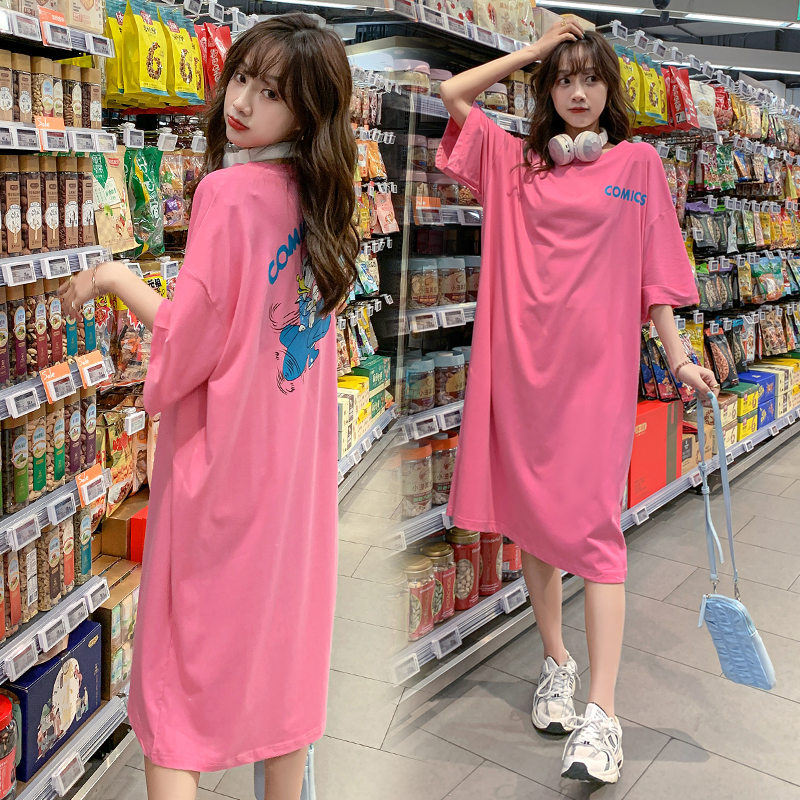 Short-Sleeved T-Shirt Nightgown Women's Summer Cartoon Long Dress Plus Size Loose Maternity Dress Loungewear Thin Cotton