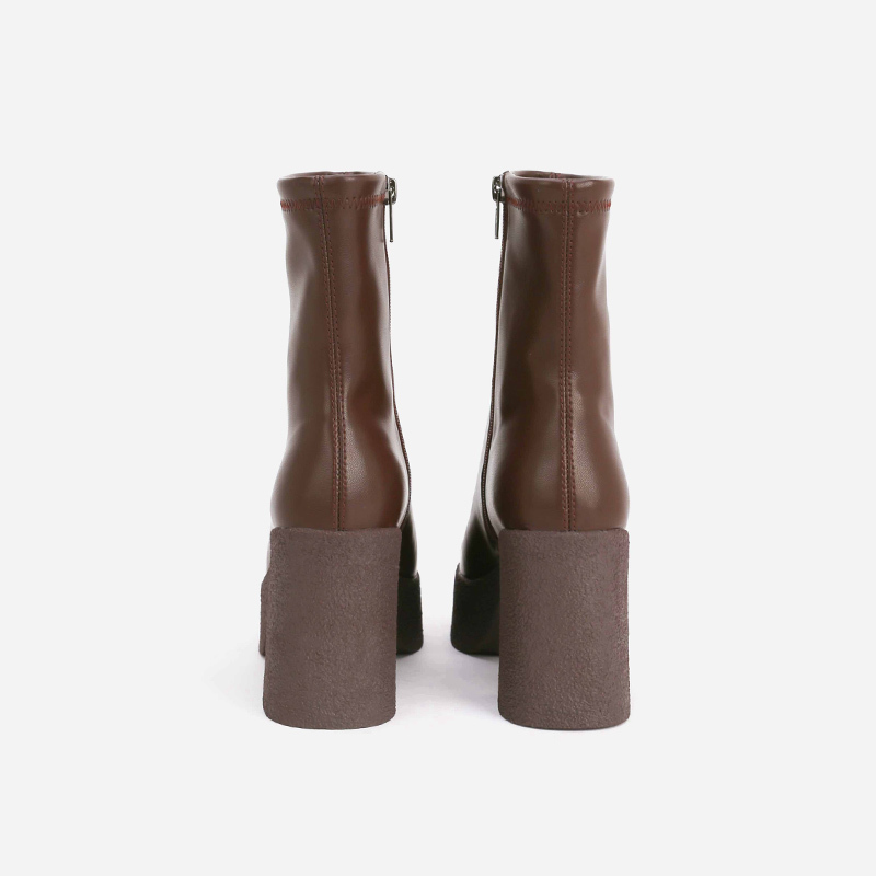 Chunky Heel Short Boots for Women, High-Heeled Coffee Brown Square Toe Platform Women's Shoes, Martin Boots, Stretch Slim Boots, Versatile Short Boots