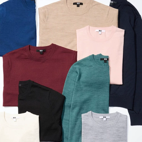 Женский камвольный свитер Uniqlo из мериносовой шерсти с круглым вырезом/свитер с длинными рукавами, можно стирать в машине 469410