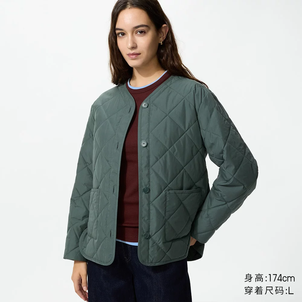 УниКло женская куртка-плащ без воротника PUFFTECH Air Cotton Jacket/Coat 482274 484251