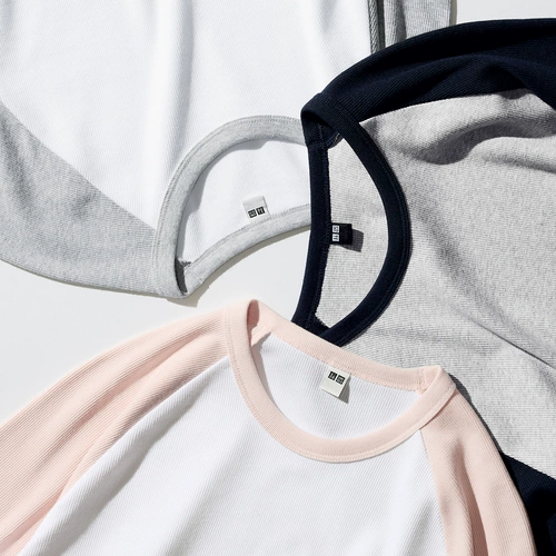 Uniqlo Женская мягкая ребра, контрастная круглая шея футболка/с длинным рукавом рукав внутренний и летний новый стиль 476855