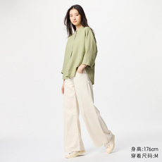 женская рубашка uniqlo优衣库麻混纺立领衬衫 女装七分袖开衫休闲风薄外套