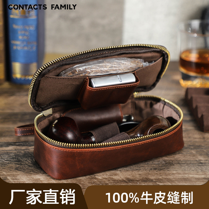 Retro Genuine Leather Pipe Tobacco Multi-Functional Storage Box Set Travel Portable Zipper Satchel Pipe Bag
