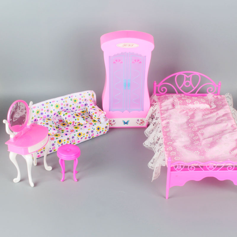 Barbie búp bê nhà phòng ngủ đặt tủ quần áo giường Babi xoay gương đèn bàn phụ kiện nhà búp bê giá rẻ