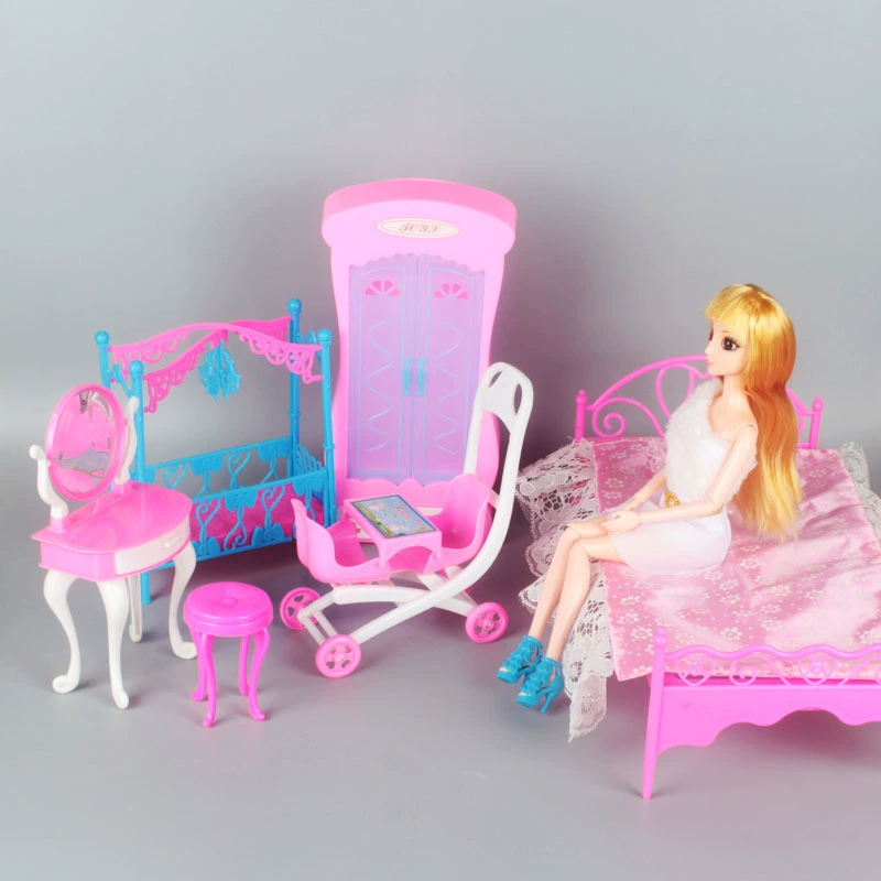 Barbie búp bê nhà phòng ngủ đặt tủ quần áo giường Babi xoay gương đèn bàn phụ kiện nhà công chúa búp bê