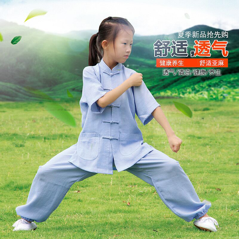 Children's martial arts clothing Summer Male Girls' Tai Chi Fu Kung Fu Kung Fu Kung Fu Long Short Sleeveless Martial Arts Performance Suit