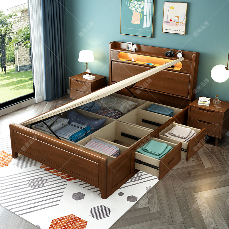 Solid Wood Bed 1.35m Children's Single Bed 1.12m Pneumatic High Box Storage Adult Home Small Bed 1.5m