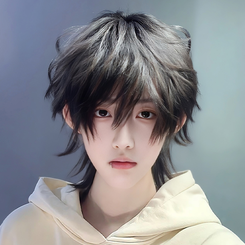 【Siamese Cat】Men's Short Hair Wig, Gray Gradient Black Wolf Tail Mullet Style, Natural and Fluffy, Full Head Wig for Men