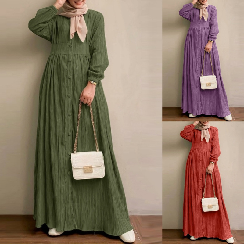 Fashionable Southeast Asian Round-Neck Women's Retro Long-Sleeve Solid Color Long Dress Spring and Autumn Elegant Casual Tank Dress Women's Robe