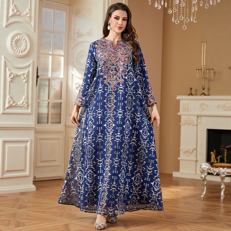 Pakistani Indian Style Loose and Comfortable New Embroidered Women's V-Neck Rope Embroidery Dress with a Large Hem