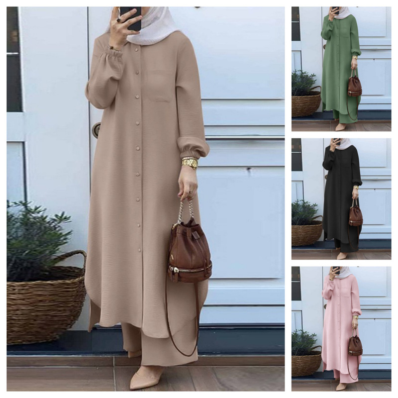 Southeast Asian Round-Neck Solid Color Arabic-Style Two-Piece Set, Spring and Autumn Long-Sleeved Shirt and Trousers, Fashionable Casual Suit, Simple