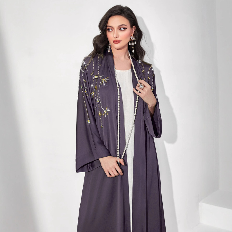 Bell-Sleeve Gray-Purple Cardigan Robe, Hand-Beaded Women's Dress, Long Skirt, Loose, Elegant, Urban and Comfortable Bell-Sleeve Gray-Purple Cardigan Robe, Hand-Beaded Women's Dress, Long Skirt, Loose, Elegant, Urban and Comfortable