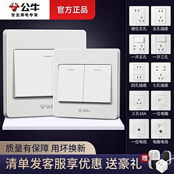 Bull Brand Switch Panel Light Switch for Home Use, 86 Type Socket, Flush-Mounted, Single Control, Double Control, Power Light Button