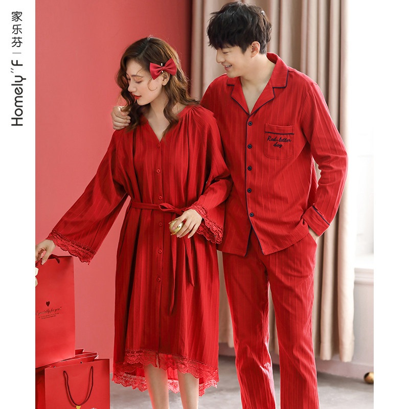 Newlywed Wedding Bride Big Red Festive Sleeping Clothes Couple Morning Robes Long Sleeve Pure Cotton Sexy Sleeping Dress Sleepwear Women Suit