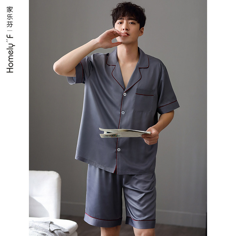 Sleepwear Men's Summer Silk Ice Silk Short Sleeve Shorts Home Conserved Men's Summer Thin-Emulated Silk Loose Suit