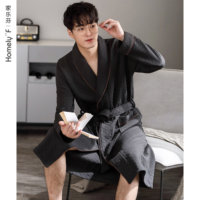 Sleeping robe men's sleepwear spring autumn season thickened pure cotton long sleeve autumn and winter style slim clip cotton bathrobe long version full cotton
