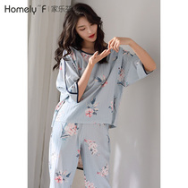 Pajamas women spring and summer short sleeves seven-point sleeve cotton home clothing thin spring spring and autumn two-piece set