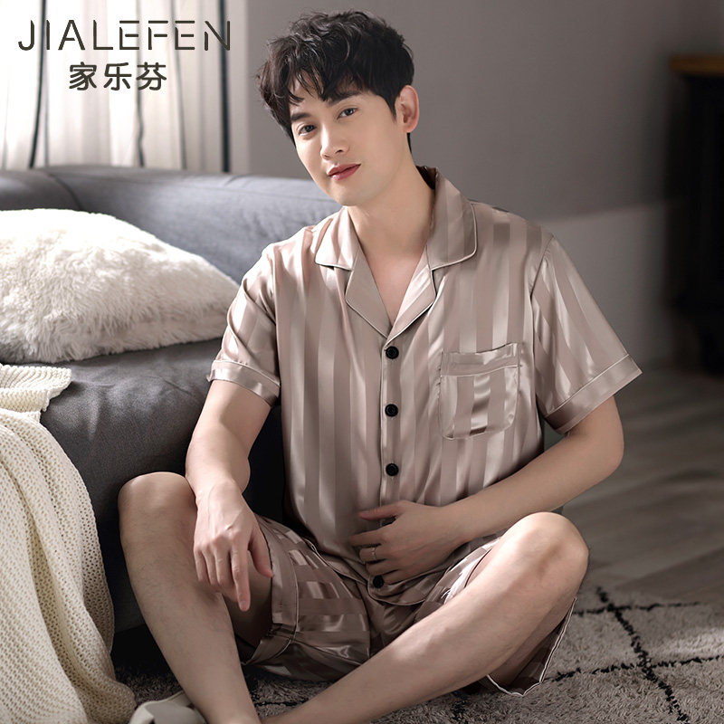 Pajamas men's summer ice silk short-sleeved shorts Cardigan Home wear Summer thin section simulation silk plus size suit