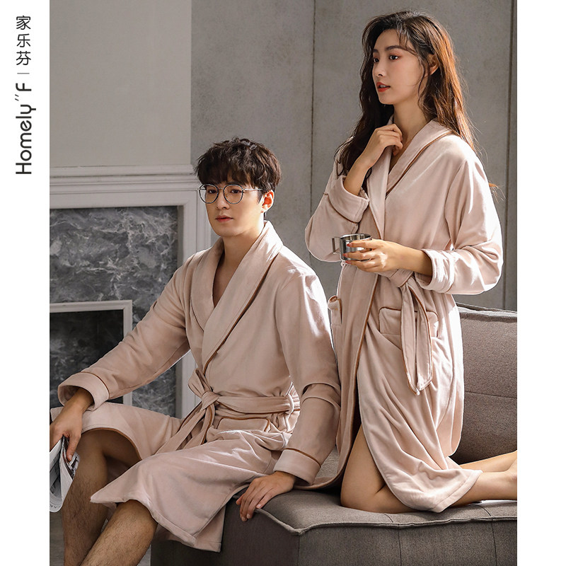 Couple nightgown men's bathrobes women's pajamas autumn and winter flannel thickening plus velvet coral velvet mid-length spring and autumn models