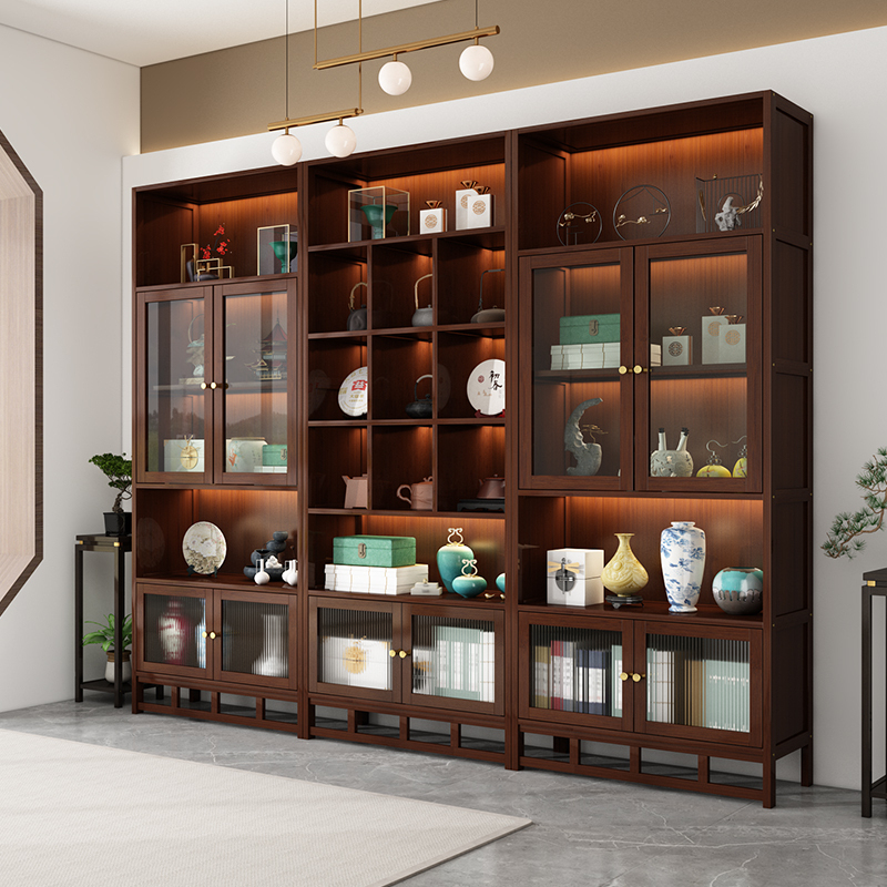 New Chinese-Style Solid Wood Display Shelf for Tea Room Background, Multi-Purpose Shelf for Treasures, Books, Wine, and Tea, Commercial Display Cabinet with Lights