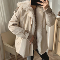 A tea and Agu apricot color environmentally friendly fur cotton coat mens winter hooded Korean couples wool collar cotton jacket mens coat