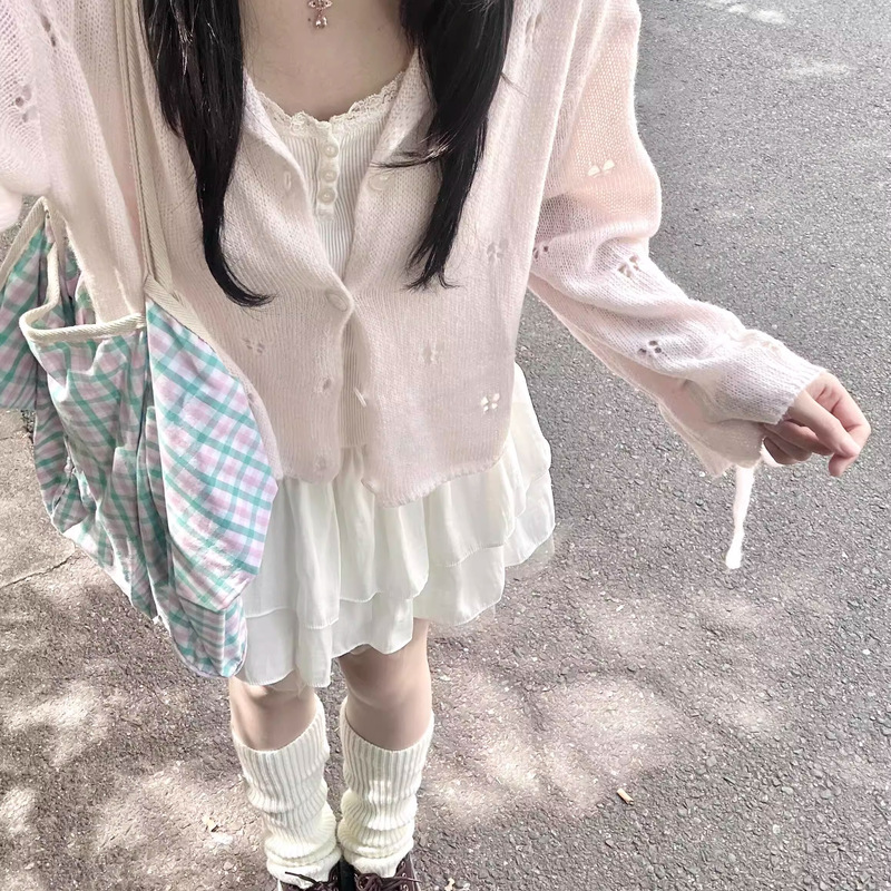 Korean Style Sweet and Soft Hollow-Out Knitted Cardigan for Women, New Spring and Summer Gentle Pink Outerwear, Small Jacket, Cover-Up