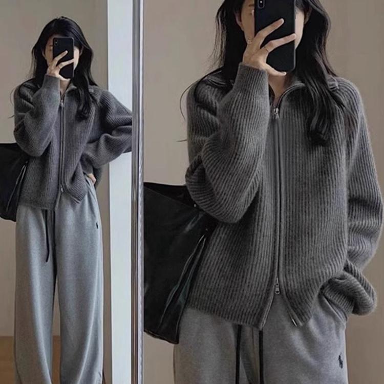 Gray Zipper Turtleneck Sweater for Women, Spring and Autumn 2024 New Popular Style, Lazy Knit Cardigan Jacket Top