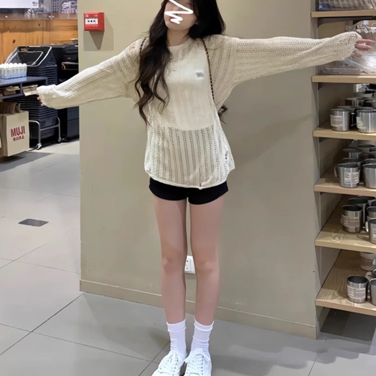 Korean Style Thin Long-Sleeved Hollow-Out Sun Protection Knit Top for Women, Summer Casual Style, Loose-Fitting Blouse for Petite Figures