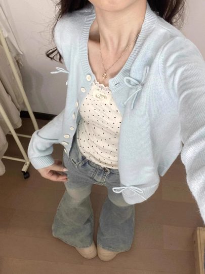 薄荷曼波芭蕾风针织开衫蝴蝶结蓝色毛衣女甜妹韩系春秋季外套上衣