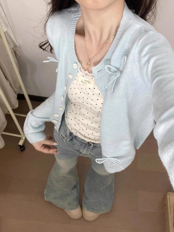 Mint Mambo Ballet-Style Knitted Cardigan with Bow, Blue Sweater for Women, Sweet Girl Korean Style Spring and Autumn Jacket Top