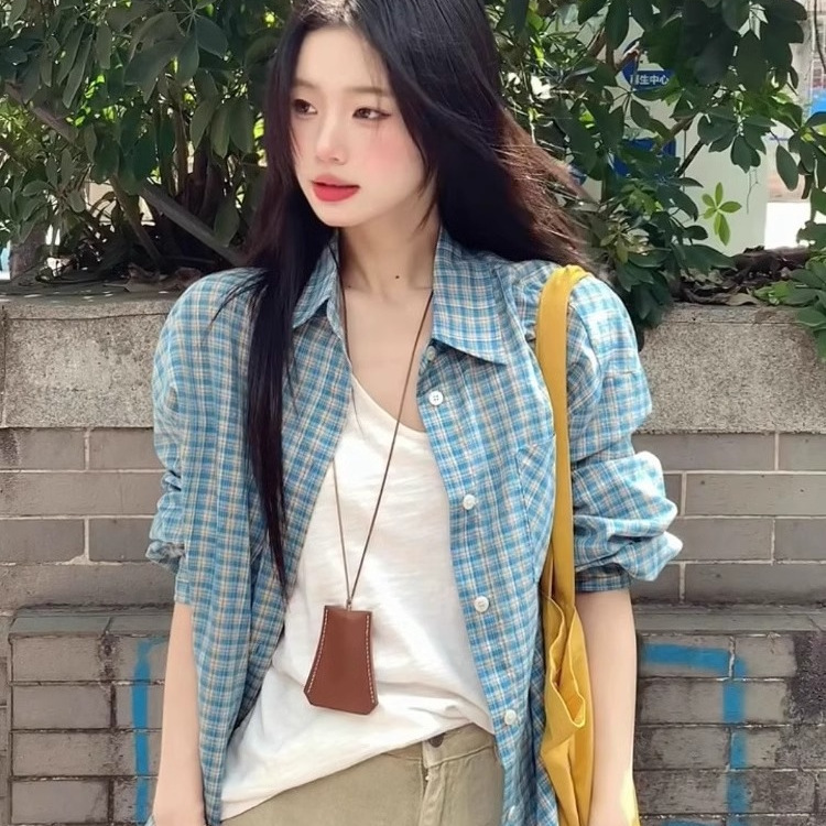 Japanese Style ins Trendy Blue Plaid Long-Sleeved Shirt Jacket for Women, Summer Casual Simple Lapel Sun Protection Cardigan Top