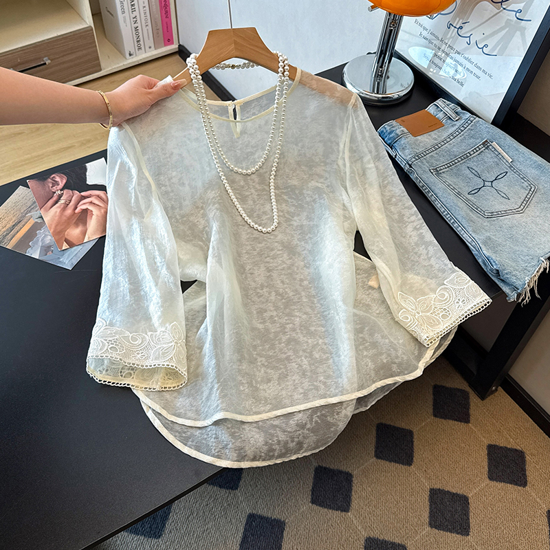 New Chinese-Style National Fashion Top for Women, Thin Tencel Long-Sleeve Base Shirt, Summer Vintage Inner Shirt to Pair with a Vest