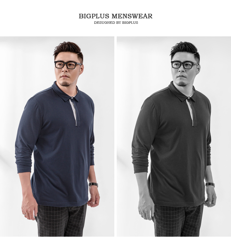 Bigplus cộng với phân bón XL áo thun nam dài tay màu rắn chất béo lỏng kinh doanh thường áo sơ mi nam polo store t shirt
