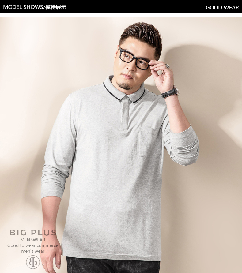 Bigplus cộng với phân bón XL áo sơ mi nam áo thun nam dài tay nam béo kinh doanh giản dị áo polo màu rắn t shirt