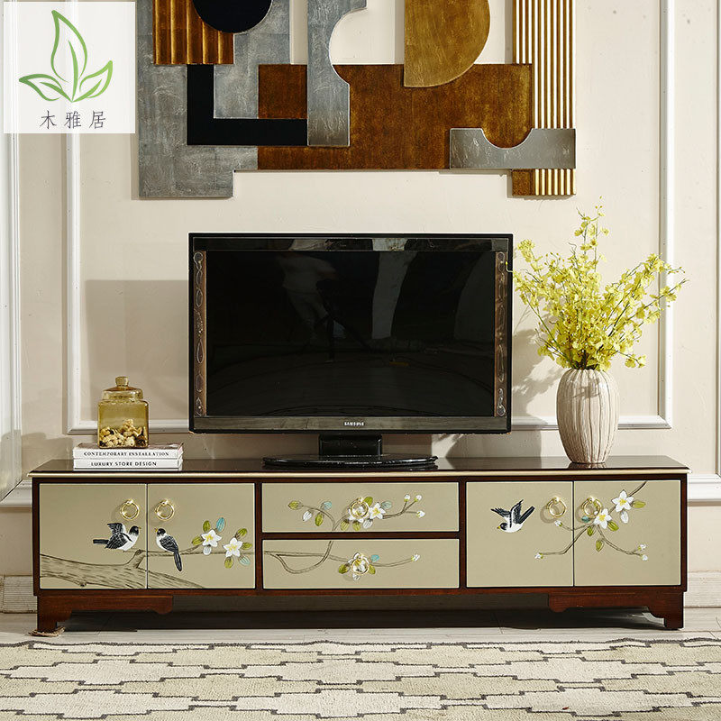 New Chinese solid wood living room TV cabinet Modern colour drawing short cabinet Tea Table Bedroom Home small family Type TV and TV cabinet Composition