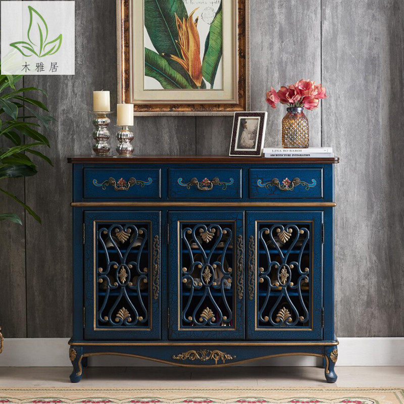 American Solid Wood Color Painted Shoe Cabinet Living-room Entrance Door Genguan Kitchen Hollowed-out Multifunction Bowl tray Aisle Multilayer Containing Cabinet