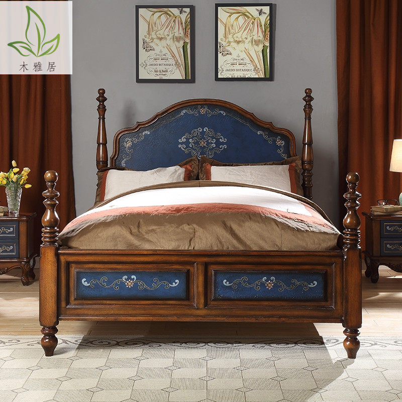 American Solid Wood Color Painted Bed Bedroom 1 5 m 1 8 m Single double bed Villa Retro Hand-painted Bed Head Cabinet Composition Sleeve