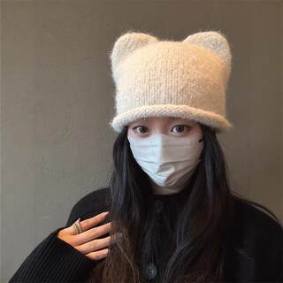 2024 New Cute Cat Ear Knitted Hat for Women, Autumn and Winter, Makes Face Look Smaller, Shell Logo, Warm Ear Protection, Woolen Cold Hat